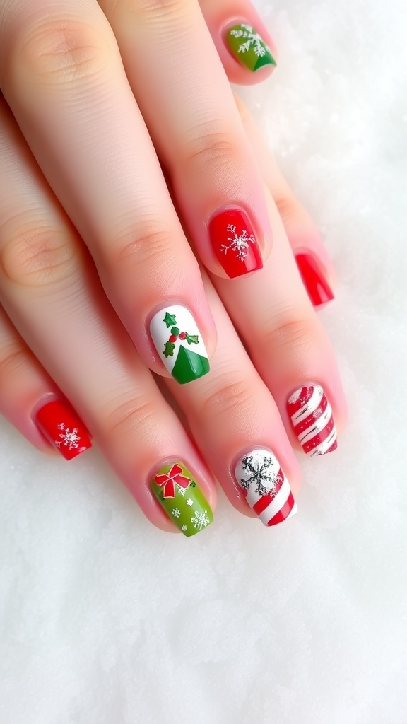 Festive Christmas nail designs for short nails featuring red, green, glitter, and holiday patterns.